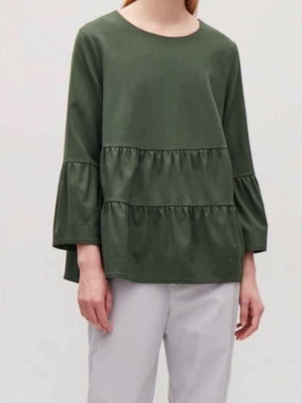 Cos Aline Top With Gathered Detail khaki Green 100% wool Size 6